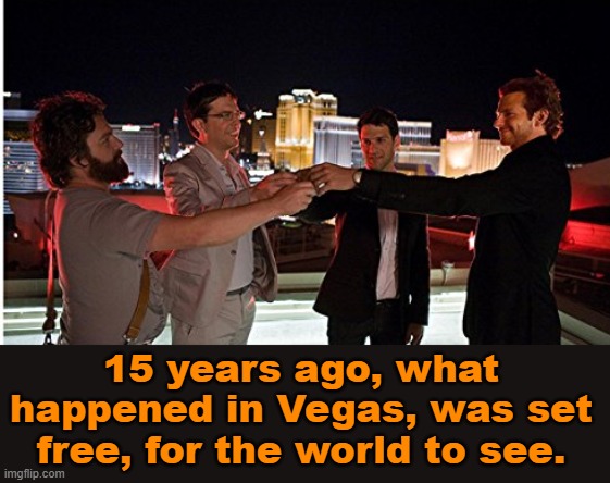 What Began, as a Rat Pack Town, Eventually Became, the Wolf Pack's Town | 15 years ago, what happened in Vegas, was set free, for the world to see. | image tagged in happy anniversary,the hangover,comedy,movie,classic,las vegas | made w/ Imgflip meme maker