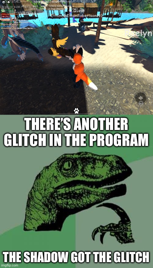 Glitch in Furana | THERE’S ANOTHER GLITCH IN THE PROGRAM; THE SHADOW GOT THE GLITCH | image tagged in memes,philosoraptor | made w/ Imgflip meme maker