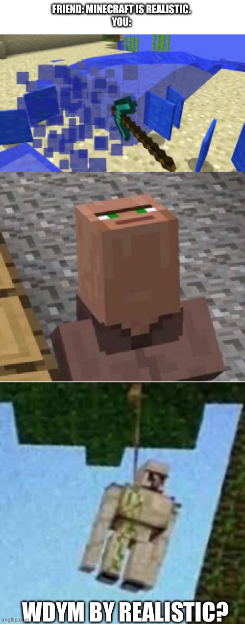Minecraft is not realitic | FRIEND: MINECRAFT IS REALISTIC.
YOU:; WDYM BY REALISTIC? | image tagged in mining water,minecraft villager looking up,iron golem hanging | made w/ Imgflip meme maker
