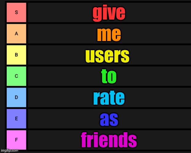Tier List | give; me; users; to; rate; as; friends | image tagged in tier list | made w/ Imgflip meme maker