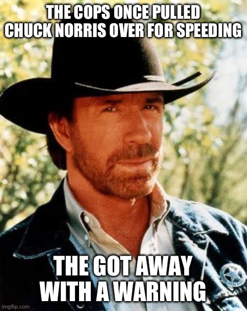 Chuck Norris | THE COPS ONCE PULLED CHUCK NORRIS OVER FOR SPEEDING; THE GOT AWAY WITH A WARNING | image tagged in memes,chuck norris | made w/ Imgflip meme maker
