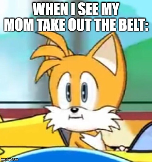 Meme | WHEN I SEE MY MOM TAKE OUT THE BELT: | image tagged in tails hold up | made w/ Imgflip meme maker