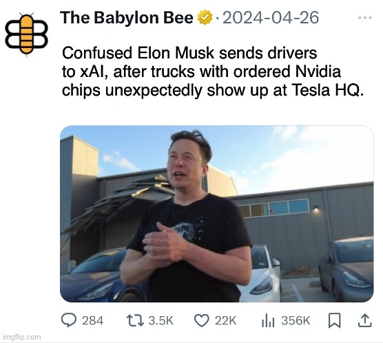 Elon sends Tesla chips to xAI | Confused Elon Musk sends drivers to xAI, after trucks with ordered Nvidia chips unexpectedly show up at Tesla HQ. | image tagged in elon musk,tesla | made w/ Imgflip meme maker