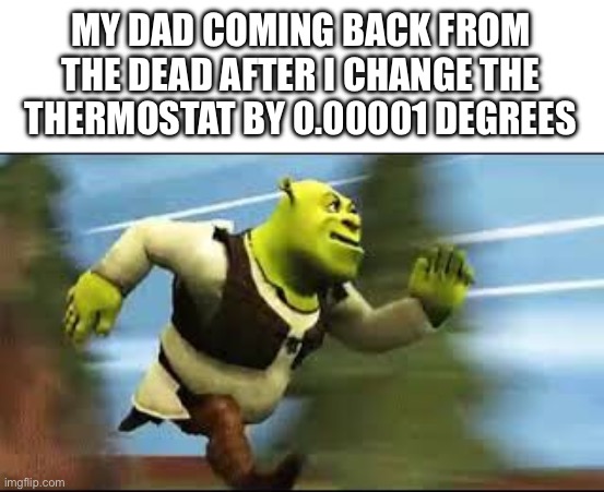 RELAX BRO | MY DAD COMING BACK FROM THE DEAD AFTER I CHANGE THE THERMOSTAT BY 0.00001 DEGREES | image tagged in shrek running,dad,thermostat | made w/ Imgflip meme maker