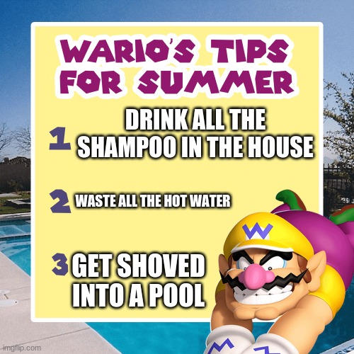 would you do all of these? or any? | DRINK ALL THE SHAMPOO IN THE HOUSE; WASTE ALL THE HOT WATER; GET SHOVED INTO A POOL | image tagged in warios tips for summer,im in danger | made w/ Imgflip meme maker