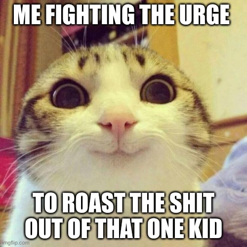 Smiling Cat Meme | ME FIGHTING THE URGE; TO ROAST THE SHIT OUT OF THAT ONE KID | image tagged in memes,smiling cat | made w/ Imgflip meme maker