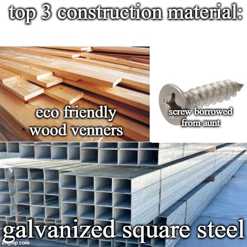 stupid meme | top 3 construction material:; eco friendly wood venners; screw borrowed from aunt; galvanized square steel | image tagged in memes | made w/ Imgflip meme maker