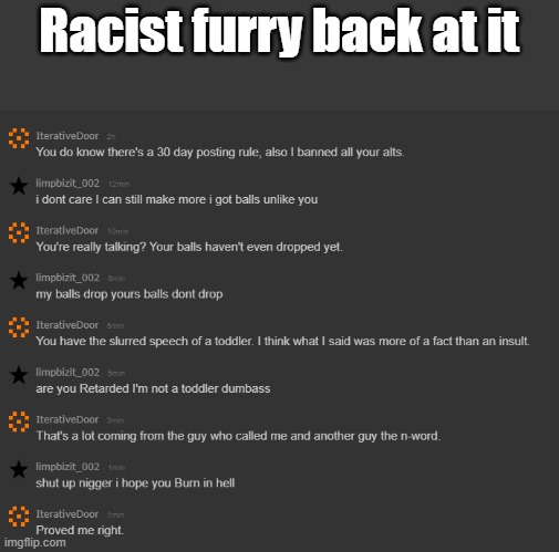 This is his 3rd N-word so far. (deadcat note: never seen a racist furry before, sure he wasn't provoked?) | Racist furry back at it | image tagged in dont be like this guy | made w/ Imgflip meme maker