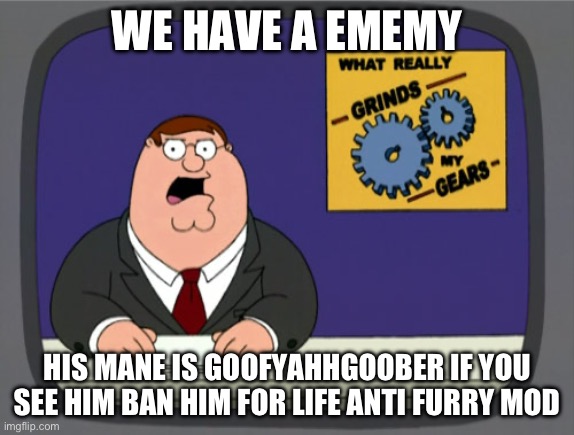 Pls | WE HAVE A EMEMY; HIS MANE IS GOOFYAHHGOOBER IF YOU SEE HIM BAN HIM FOR LIFE ANTI FURRY MOD | image tagged in memes,peter griffin news | made w/ Imgflip meme maker