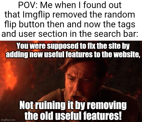 I hope that they could bring them back. We shall probably feedback this because it seems like they're downgrading this website. | POV: Me when I found out that Imgflip removed the random flip button then and now the tags and user section in the search bar:; You were supposed to fix the site by adding new useful features to the website, Not ruining it by removing the old useful features! | image tagged in memes,you were the chosen one star wars,imgflip,update,why,star wars | made w/ Imgflip meme maker