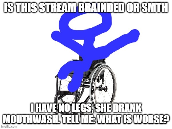 bruh | IS THIS STREAM BRAINDED OR SMTH; I HAVE NO LEGS, SHE DRANK MOUTHWASH. TELL ME: WHAT IS WORSE? | image tagged in my third template | made w/ Imgflip meme maker