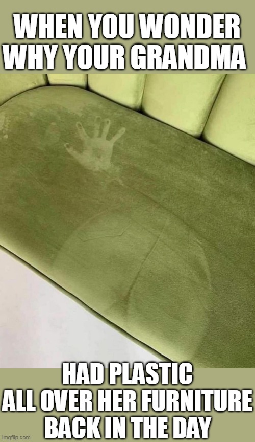 When you wonder why your grandma | WHEN YOU WONDER WHY YOUR GRANDMA; HAD PLASTIC ALL OVER HER FURNITURE BACK IN THE DAY | image tagged in seat,funny,asscheeks,grandma,furniture | made w/ Imgflip meme maker