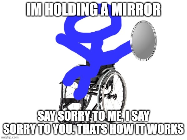 Mrorir | IM HOLDING A MIRROR; SAY SORRY TO ME, I SAY SORRY TO YOU. THATS HOW IT WORKS | image tagged in my third template | made w/ Imgflip meme maker