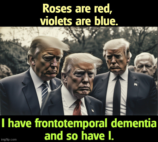 Donald Trump with prototemporal dementia, and he's getting worse | Roses are red, 
violets are blue. I have frontotemporal dementia
and so have I. | image tagged in donald trump with prototemporal dementia and he's getting worse,trump,senile,dementia,crazy,insane | made w/ Imgflip meme maker