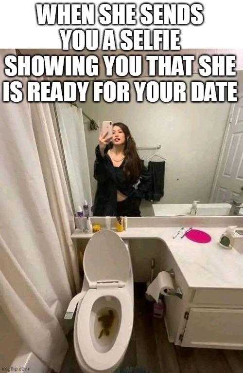 When she sends you a selfie showing you that she is ready for your date | WHEN SHE SENDS YOU A SELFIE SHOWING YOU THAT SHE IS READY FOR YOUR DATE | image tagged in toilet,funny,toilet humor,selfie,date | made w/ Imgflip meme maker