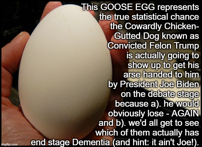 The Only Question Is Which Weak "Woe-Is-Me, I'm Such A Victim, It's So Unfair" Excuse He Will Use To Weasel Out Of The Debate. | This GOOSE EGG represents
the true statistical chance
the Cowardly Chicken-
Gutted Dog known as
Convicted Felon Trump
is actually going to
show up to get his
arse handed to him
by President Joe Biden
on the debate stage
because a). he would
obviously lose - AGAIN
and b). we'd all get to see
which of them actually has
end stage Dementia (and hint: it ain't Joe!). | image tagged in convict trump,convict 45,convicted felon trump,weak crybaby victim trump,trump the chicken gutted dog,trump the coward | made w/ Imgflip meme maker