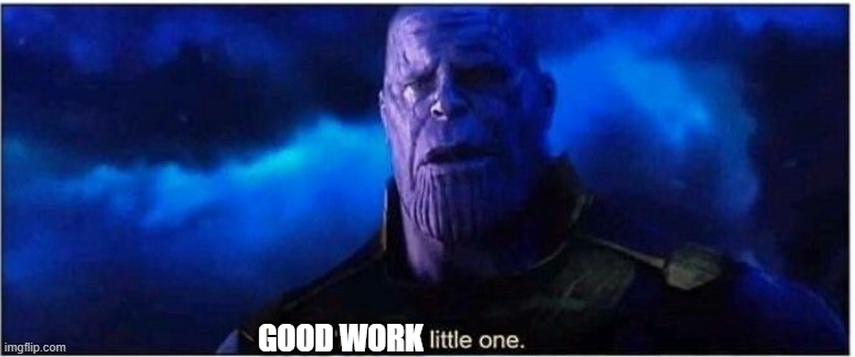 Thanos I'm sorry little one | GOOD WORK | image tagged in thanos i'm sorry little one | made w/ Imgflip meme maker