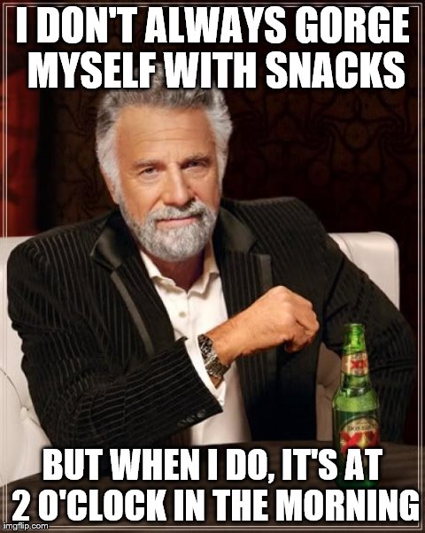 For The Record, It's Not Because I'm High | I DON'T ALWAYS GORGE MYSELF WITH SNACKS BUT WHEN I DO, IT'S AT 2 O'CLOCK IN THE MORNING | image tagged in memes,the most interesting man in the world | made w/ Imgflip meme maker