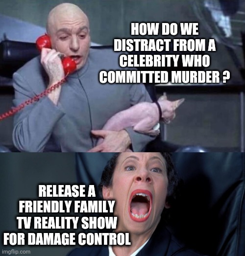 Dr Evil and Frau | HOW DO WE DISTRACT FROM A CELEBRITY WHO COMMITTED MURDER ? RELEASE A FRIENDLY FAMILY TV REALITY SHOW FOR DAMAGE CONTROL | image tagged in dr evil and frau | made w/ Imgflip meme maker