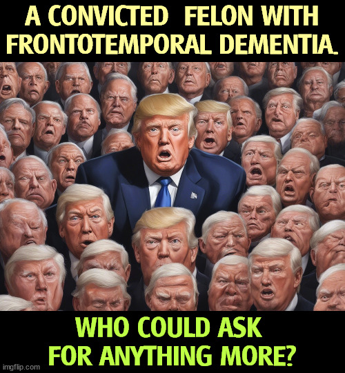 A CONVICTED  FELON WITH FRONTOTEMPORAL DEMENTIA. WHO COULD ASK 
FOR ANYTHING MORE? | image tagged in trump,crazy,criminal,dementia,insane | made w/ Imgflip meme maker