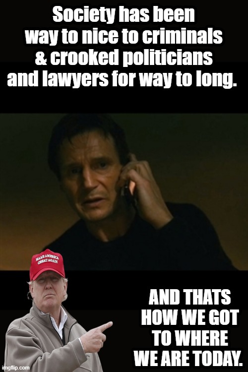 The 3 groups i mentioned serve no true purpose in life. .Oh yea msm & entertainers | Society has been way to nice to criminals & crooked politicians and lawyers for way to long. AND THATS HOW WE GOT TO WHERE WE ARE TODAY. | image tagged in memes,liam neeson taken | made w/ Imgflip meme maker