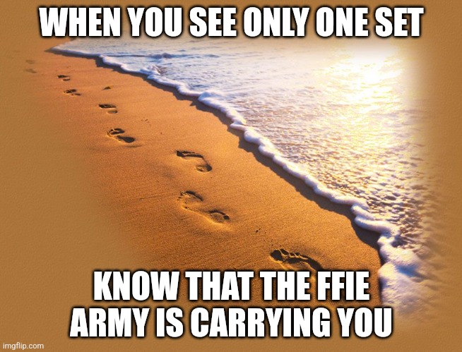 Footprints | WHEN YOU SEE ONLY ONE SET; KNOW THAT THE FFIE ARMY IS CARRYING YOU | image tagged in footprints | made w/ Imgflip meme maker