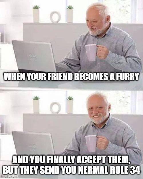 Hide the pain. | WHEN YOUR FRIEND BECOMES A FURRY; AND YOU FINALLY ACCEPT THEM, BUT THEY SEND YOU NERMAL RULE 34 | image tagged in memes,hide the pain harold | made w/ Imgflip meme maker