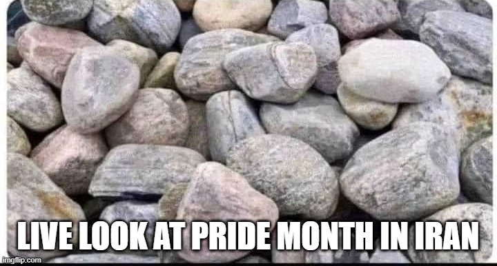 Happy Iranian Pride Month | LIVE LOOK AT PRIDE MONTH IN IRAN | image tagged in dark humor | made w/ Imgflip meme maker