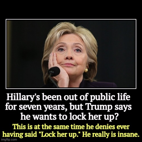 Did he think we wouldn't remember? | Hillary's been out of public life 
for seven years, but Trump says 
he wants to lock her up? | This is at the same time he denies ever havin | image tagged in funny,demotivationals,hillary,retire,trump,insane | made w/ Imgflip demotivational maker
