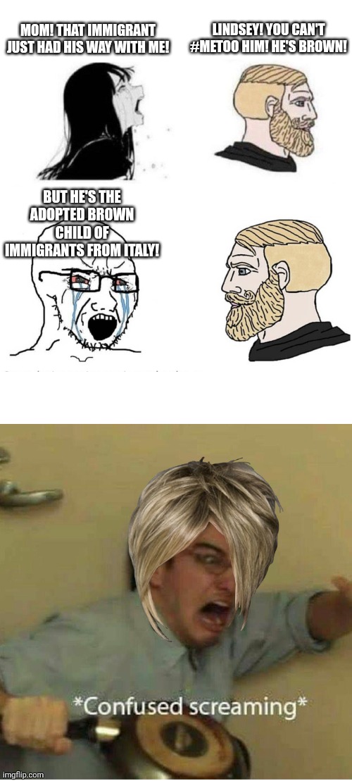 Image tagged in crying anime girl with blonde,soyboy vs yes chad,confused screaming