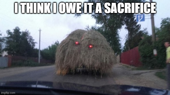 Hay Demon | I THINK I OWE IT A SACRIFICE | image tagged in cursed image | made w/ Imgflip meme maker