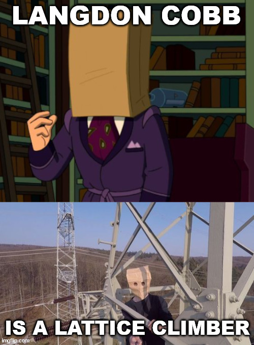 Langdon cobb is real | LANGDON COBB; IS A LATTICE CLIMBER | image tagged in langdon cobb,futurama,latticeclimbing,meme,climbing,template | made w/ Imgflip meme maker