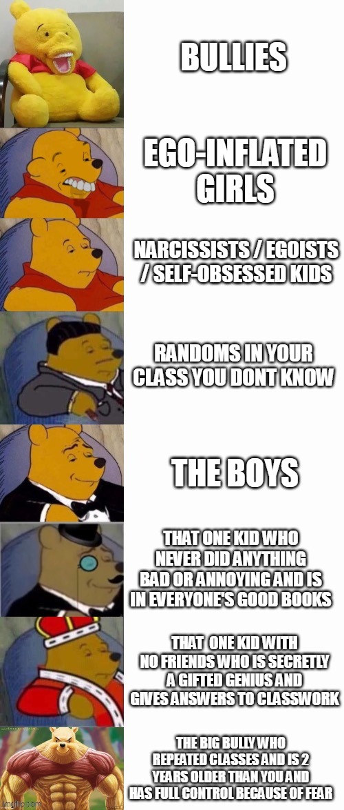 Like if you know someone in one of these groups | BULLIES; EGO-INFLATED GIRLS; NARCISSISTS / EGOISTS / SELF-OBSESSED KIDS; RANDOMS IN YOUR CLASS YOU DONT KNOW; THE BOYS; THAT ONE KID WHO NEVER DID ANYTHING BAD OR ANNOYING AND IS IN EVERYONE'S GOOD BOOKS; THAT  ONE KID WITH NO FRIENDS WHO IS SECRETLY A GIFTED GENIUS AND GIVES ANSWERS TO CLASSWORK; THE BIG BULLY WHO REPEATED CLASSES AND IS 2 YEARS OLDER THAN YOU AND HAS FULL CONTROL BECAUSE OF FEAR | image tagged in 8-panel winnie the pooh meme | made w/ Imgflip meme maker