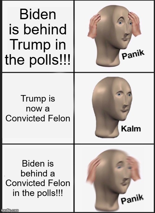 Panik From the Epstein/Diddy-Combs crowd | Biden is behind Trump in the polls!!! Trump is now a Convicted Felon; Biden is behind a Convicted Felon in the polls!!! | image tagged in panik kalm panik | made w/ Imgflip meme maker