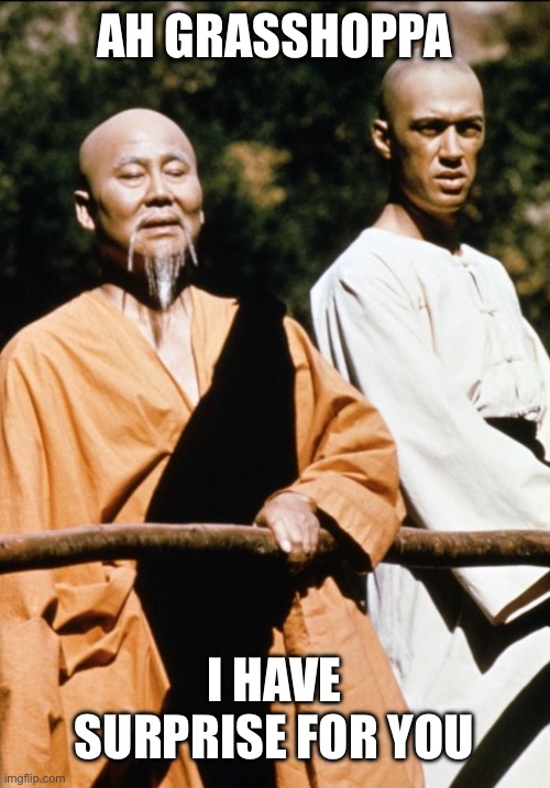 Kung Fu Grasshopper | AH GRASSHOPPA; I HAVE SURPRISE FOR YOU | image tagged in kung fu | made w/ Imgflip meme maker