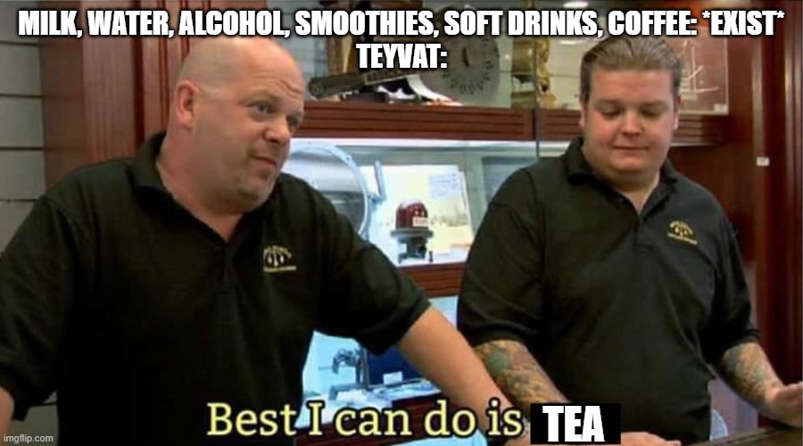Teyvat has a tea problem! | MILK, WATER, ALCOHOL, SMOOTHIES, SOFT DRINKS, COFFEE: *EXIST*
TEYVAT:; TEA | image tagged in best i can do | made w/ Imgflip meme maker