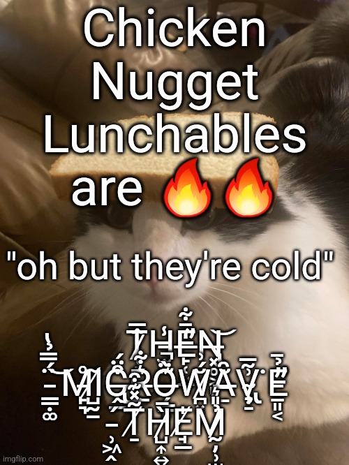 bread cat | Chicken Nugget Lunchables are 🔥🔥; "oh but they're cold" 
 
T̷̜̙̂̅H̵̫͉̾E̶̛̙̜̤̲̒̄͋N̶̢͓̥͕̻͝ ̵̳̣͚̈́̿̉̔͝M̵̙͉̊I̸̺̰̱͂C̶̢̭̲͒̈́͜R̶̲͛͋Ö̶̗̳̙͊̀̚W̷̪͓̹̆́͗Ȃ̶̠̆V̴̢̧̞̠͗̃̅͘E̵̛̛̱͈͔̓̉̄ ̵̹͖̭́T̸̠̄͂̽͊͒H̷̺͎͍̞̀̄E̸̘̲̍M̷̰̦̹̫̺̉̎͛ | image tagged in bread cat | made w/ Imgflip meme maker
