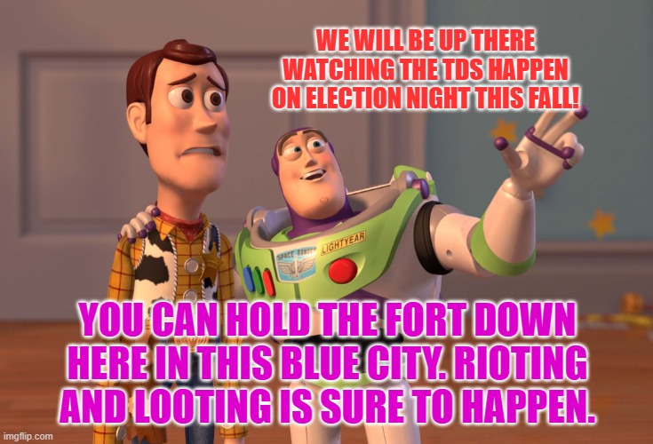 X, X Everywhere | WE WILL BE UP THERE WATCHING THE TDS HAPPEN ON ELECTION NIGHT THIS FALL! YOU CAN HOLD THE FORT DOWN HERE IN THIS BLUE CITY. RIOTING AND LOOTING IS SURE TO HAPPEN. | image tagged in memes,x x everywhere | made w/ Imgflip meme maker