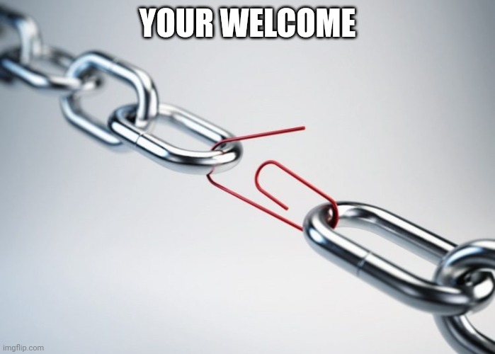 metal chain red paperclip | YOUR WELCOME | image tagged in metal chain red paperclip | made w/ Imgflip meme maker