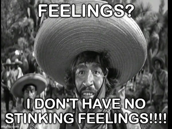 Bandito | FEELINGS? I DON'T HAVE NO STINKING FEELINGS!!!! | image tagged in funny | made w/ Imgflip meme maker