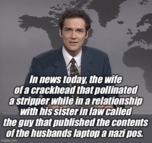 Nazi redefined | In news today, the wife of a crackhead that pollinated a stripper while in a relationship with his sister in law called the guy that published the contents of the husbands laptop a nazi pos. | image tagged in norm mcdonald,politics lol,memes,irony | made w/ Imgflip meme maker