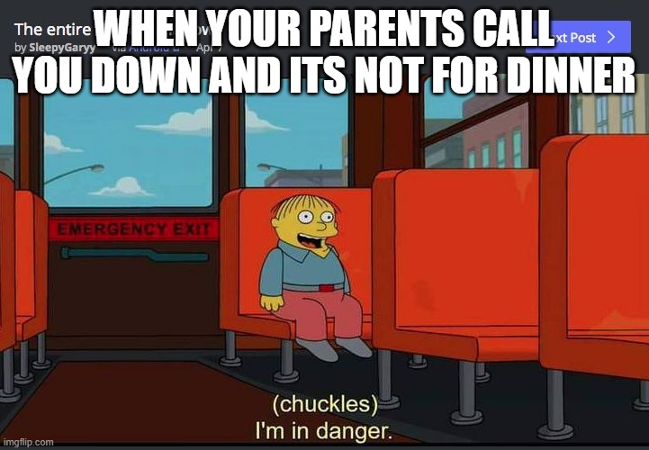 Uh oh | WHEN YOUR PARENTS CALL YOU DOWN AND ITS NOT FOR DINNER | image tagged in chuckles im in danger | made w/ Imgflip meme maker