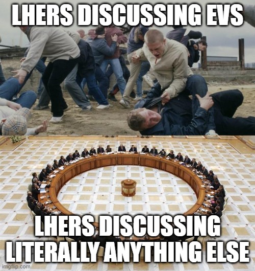 Men Discussing Men Fighting | LHERS DISCUSSING EVS; LHERS DISCUSSING LITERALLY ANYTHING ELSE | image tagged in men discussing men fighting | made w/ Imgflip meme maker
