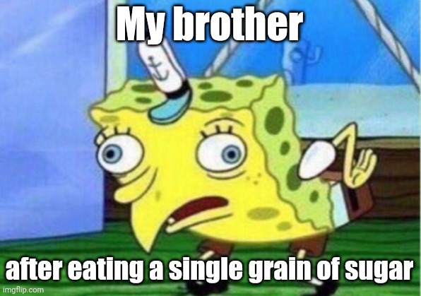 Mocking Spongebob Meme | My brother; after eating a single grain of sugar | image tagged in memes,mocking spongebob | made w/ Imgflip meme maker