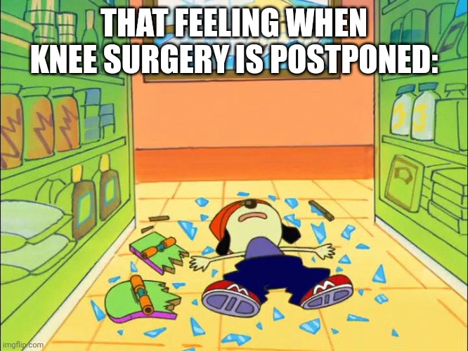 PaRappa on the floor | THAT FEELING WHEN KNEE SURGERY IS POSTPONED: | image tagged in parappa on the floor | made w/ Imgflip meme maker