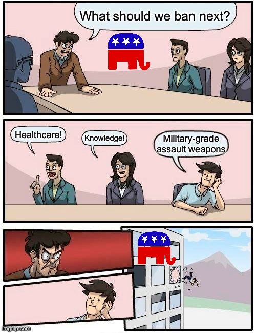 smh | What should we ban next? Healthcare! Knowledge! Military-grade assault weapons | image tagged in memes,boardroom meeting suggestion,republican party | made w/ Imgflip meme maker