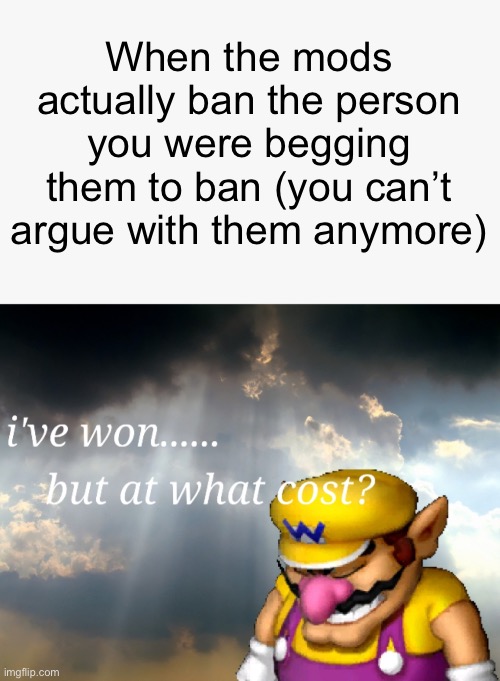 . | When the mods actually ban the person you were begging them to ban (you can’t argue with them anymore) | made w/ Imgflip meme maker