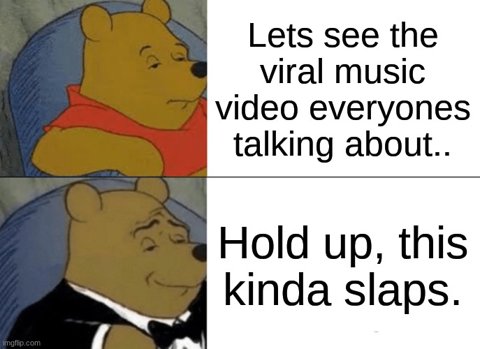 "Hold up, this kinda slaps." | Lets see the viral music video everyones talking about.. Hold up, this kinda slaps. | image tagged in memes,tuxedo winnie the pooh | made w/ Imgflip meme maker