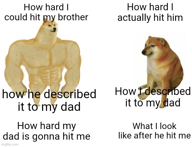 Buff Doge vs. Cheems | How hard I could hit my brother; How hard I actually hit him; How I described it to my dad; how he described it to my dad; How hard my dad is gonna hit me; What I look like after he hit me | image tagged in memes,buff doge vs cheems | made w/ Imgflip meme maker