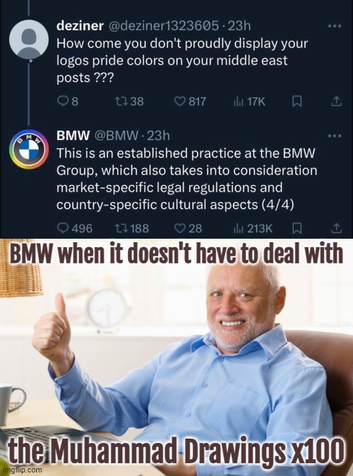 BMW when it doesn't have to deal with; the Muhammad Drawings x100 | image tagged in funny,islam,hide the pain harold | made w/ Imgflip meme maker